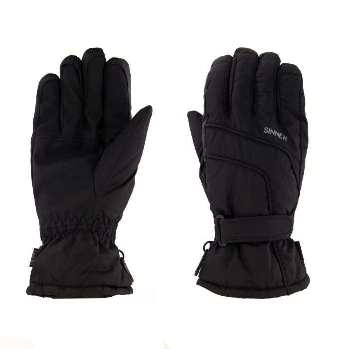 SIGL-198-10: Schwarze Sinner Handschuhe, Vorder- und Rückansicht, mit Logo und Verschluss.