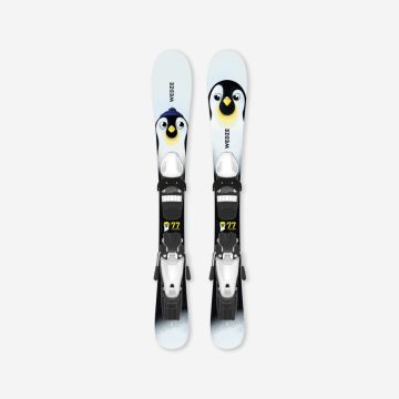 Kinder Ski's mit niedlichem Pinguin-Design und Bindungen, ideal für den Winter.