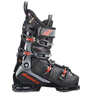 Nordica Speedmachine 3 110 (GW) Skischuh – Seitenansicht, schwarzer Schaft mit roten Akzenten.