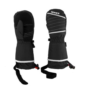 Sinner Stratton Dry-S Kinder Wanten: Schwarze Kinderhandschuhe mit weißem Zierstreifen und praktischer Handschuhleine.