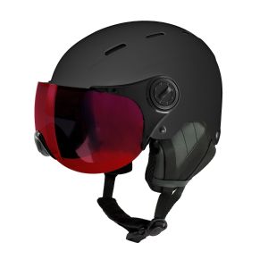 SIHE-144-10B: Moderner schwarzer Skihelm mit abnehmbarem Visier und Verstellrad.