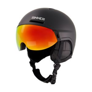 SIHE-158-10: Skihelm mit Visier in Schwarz und orangefarbenen Gläsern, Detailansicht.