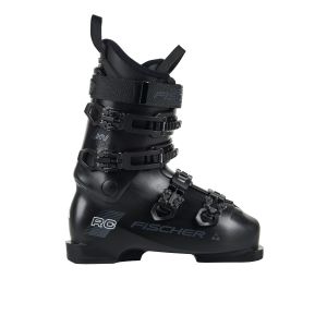 Fischer RC 90 Black Skischuh, seitliche Ansicht, schwarzes Design mit Bindung.