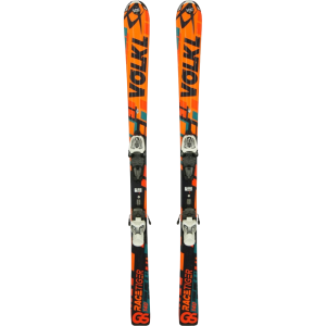 Völkl Racetiger GS Junior Ski: Ansicht von oben mit Bindungen und grafischem Design.